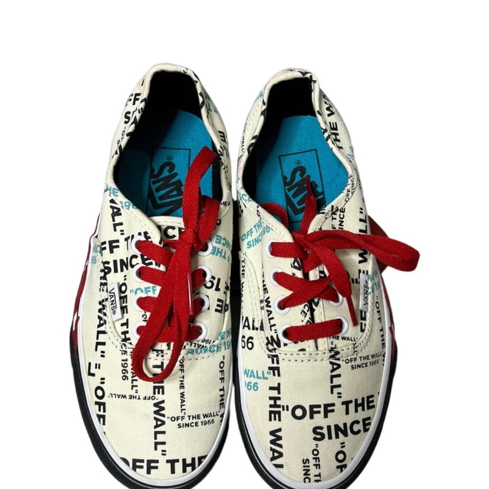Vans Cream and Red Text Sneakers
